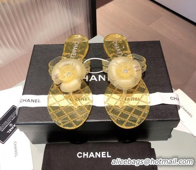 Good Quality Chanel Transparent Flat Thong Sandals with Camellia 051049 Yellow 2021