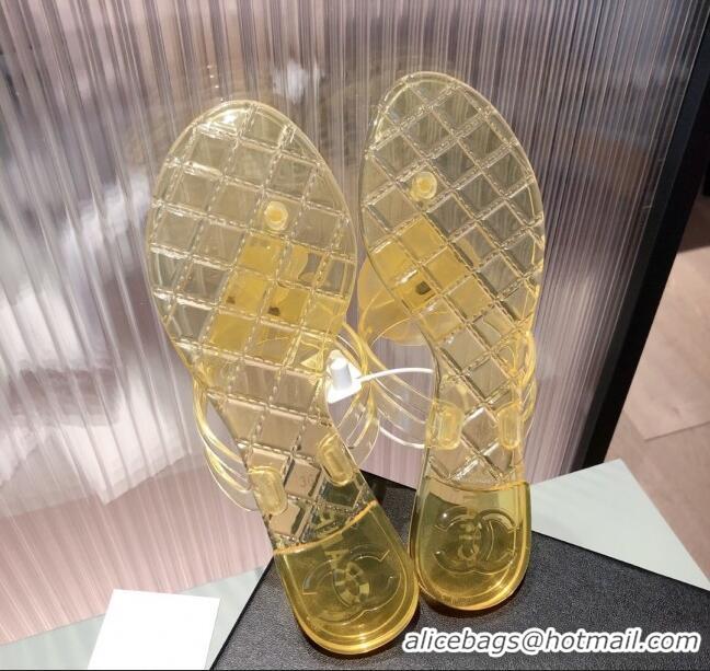 Good Quality Chanel Transparent Flat Thong Sandals with Camellia 051049 Yellow 2021