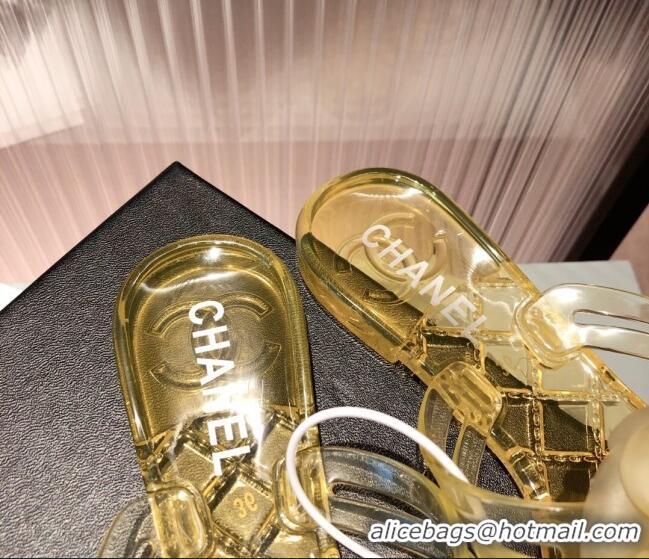 Good Quality Chanel Transparent Flat Thong Sandals with Camellia 051049 Yellow 2021