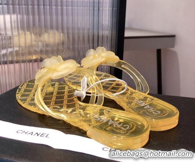 Good Quality Chanel Transparent Flat Thong Sandals with Camellia 051049 Yellow 2021