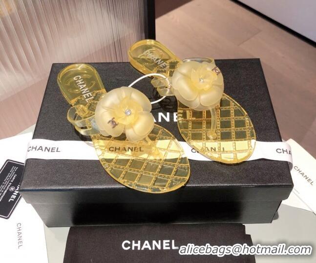 Good Quality Chanel Transparent Flat Thong Sandals with Camellia 051049 Yellow 2021