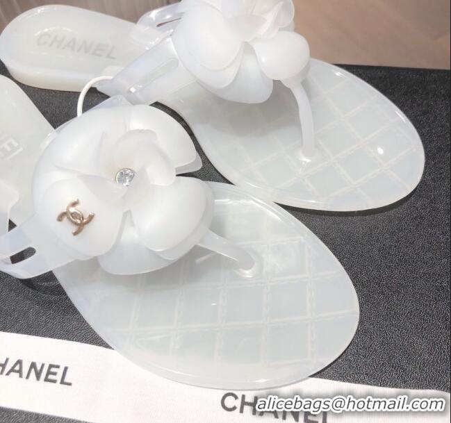 Best Price Chanel Transparent Flat Thong Sandals with Camellia 051049 White 2021