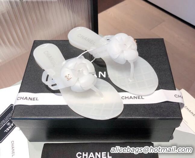 Best Price Chanel Transparent Flat Thong Sandals with Camellia 051049 White 2021