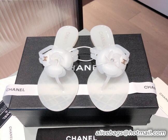 Best Price Chanel Transparent Flat Thong Sandals with Camellia 051049 White 2021