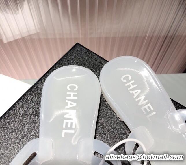 Best Price Chanel Transparent Flat Thong Sandals with Camellia 051049 White 2021