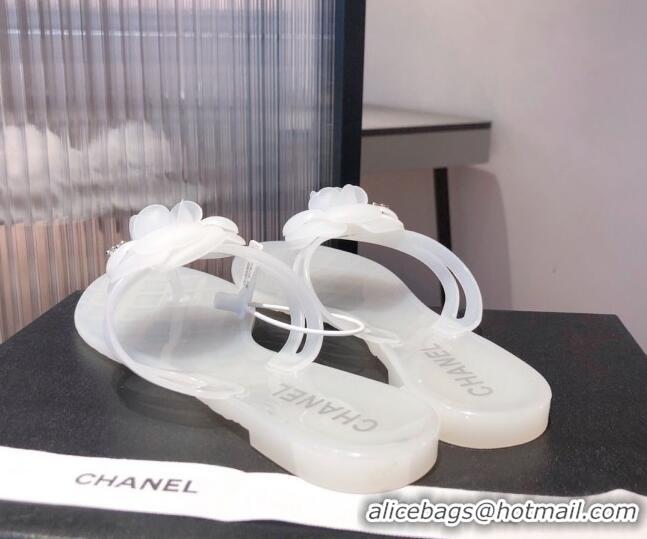 Best Price Chanel Transparent Flat Thong Sandals with Camellia 051049 White 2021