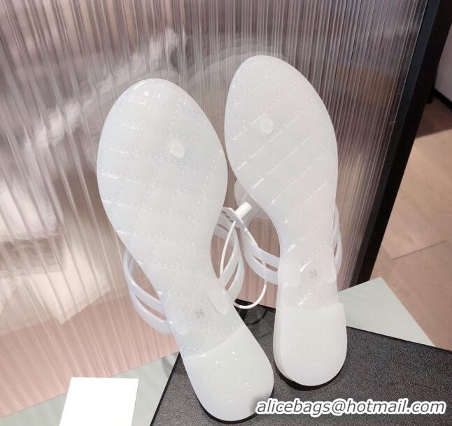 Best Price Chanel Transparent Flat Thong Sandals with Camellia 051049 White 2021