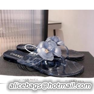 Super Quality Chanel Transparent Flat Thong Sandals with Camellia 051049 Navy Blue 2021