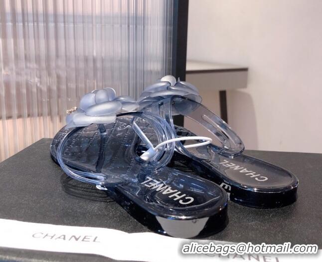 Super Quality Chanel Transparent Flat Thong Sandals with Camellia 051049 Navy Blue 2021