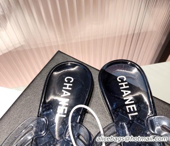 Super Quality Chanel Transparent Flat Thong Sandals with Camellia 051049 Navy Blue 2021