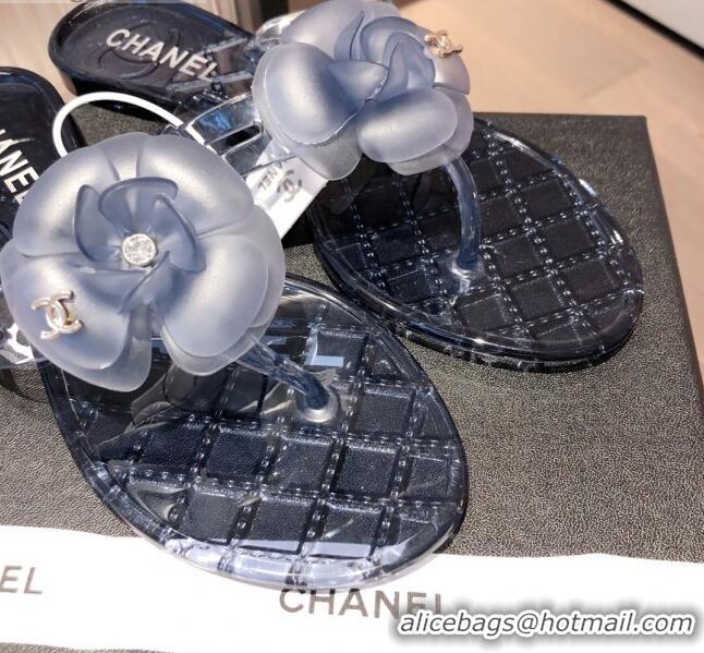 Super Quality Chanel Transparent Flat Thong Sandals with Camellia 051049 Navy Blue 2021