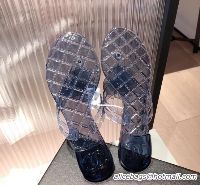 Super Quality Chanel Transparent Flat Thong Sandals with Camellia 051049 Navy Blue 2021