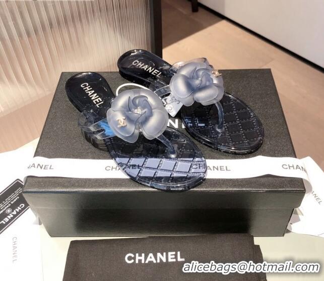 Super Quality Chanel Transparent Flat Thong Sandals with Camellia 051049 Navy Blue 2021