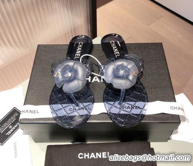 Super Quality Chanel Transparent Flat Thong Sandals with Camellia 051049 Navy Blue 2021