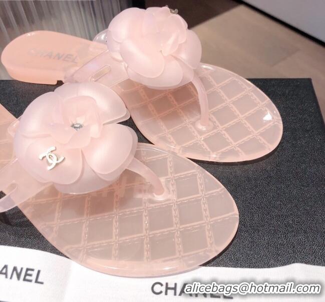 Low Price Chanel Transparent Flat Thong Sandals with Camellia 051049 Pink 2021