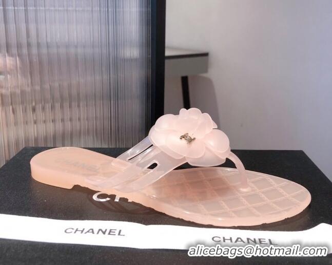 Low Price Chanel Transparent Flat Thong Sandals with Camellia 051049 Pink 2021