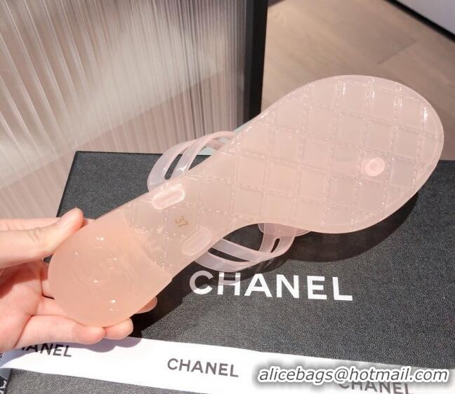 Low Price Chanel Transparent Flat Thong Sandals with Camellia 051049 Pink 2021