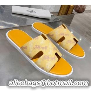 Top Quality Hermes Men's Izmir Printed Leather Flat Slide Sandals 022401 Yellow 2021