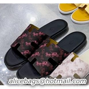 Top Quality Hermes Men's Izmir Printed Leather Flat Slide Sandals 022401 Black/Pink 2021