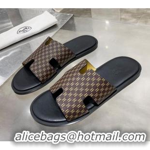 New Style Hermes Men's Izmir H Printed Leather Flat Slide Sandals 022401 2021