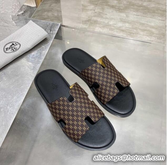 New Style Hermes Men's Izmir H Printed Leather Flat Slide Sandals 022401 2021