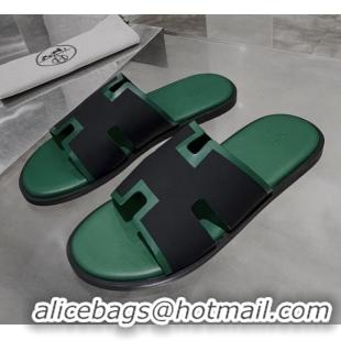 Trendy Design Hermes Men's Izmir Calfskin Flat Slide Sandals 022407 Black/Green 01 2021