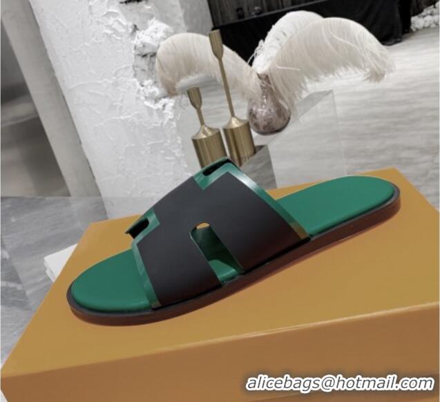 Trendy Design Hermes Men's Izmir Calfskin Flat Slide Sandals 022407 Black/Green 01 2021