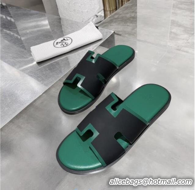 Trendy Design Hermes Men's Izmir Calfskin Flat Slide Sandals 022407 Black/Green 01 2021