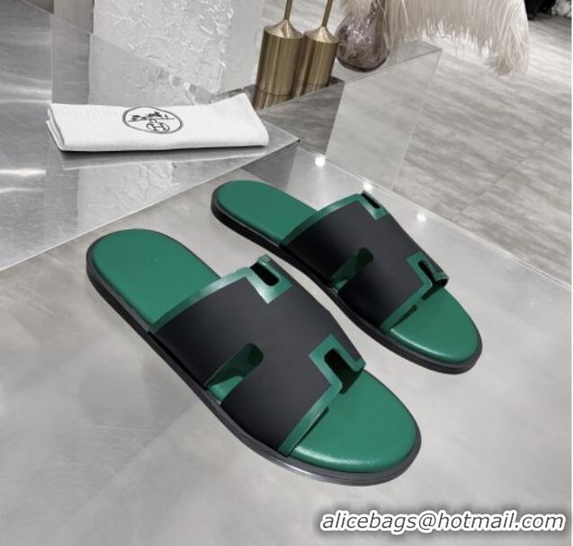 Trendy Design Hermes Men's Izmir Calfskin Flat Slide Sandals 022407 Black/Green 01 2021