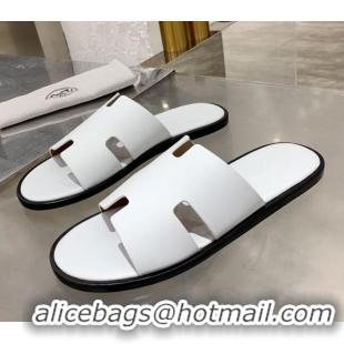 AAAAA Hermes Men's Izmir Calfskin Flat Slide Sandals 022407 White