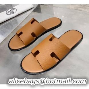 Super Quality Hermes Men's Izmir Calfskin Flat Slide Sandals 022407 Brown