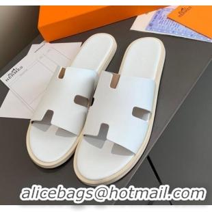 Super Quality Hermes Men's Izmir Calfskin Flat Slide Sandals 022407 White