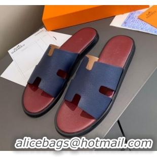 Discount Hermes Men's Izmir Calfskin Flat Slide Sandals 022414 Navy Blue