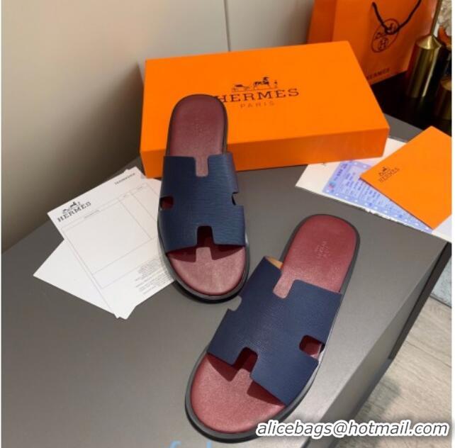 Discount Hermes Men's Izmir Calfskin Flat Slide Sandals 022414 Navy Blue