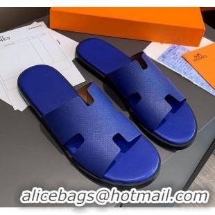 Affordable Price Hermes Men's Izmir Calfskin Flat Slide Sandals 022414 Royal Blue