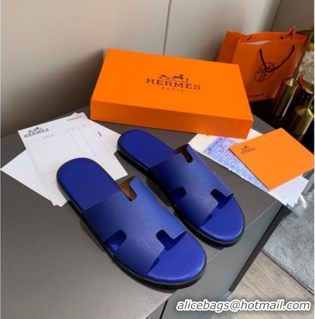 Affordable Price Hermes Men's Izmir Calfskin Flat Slide Sandals 022414 Royal Blue