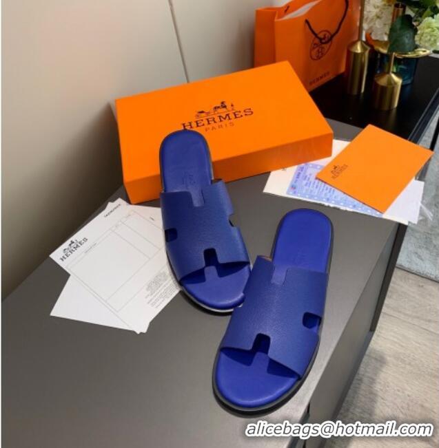 Affordable Price Hermes Men's Izmir Calfskin Flat Slide Sandals 022414 Royal Blue