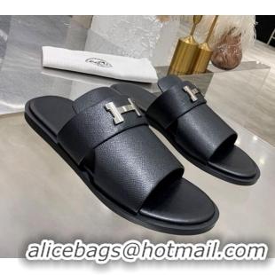 Top Quality Hermes Men's Izmir H Calfskin Flat Slide Sandals 022420 Black