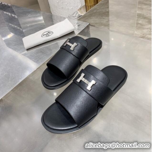 Top Quality Hermes Men's Izmir H Calfskin Flat Slide Sandals 022420 Black