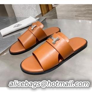 Perfect Hermes Men's Izmir H Calfskin Flat Slide Sandals 022420 Brown