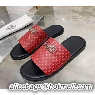 Good Quality Hermes Men's Izmir H Print Calfskin Flat Slide Sandals 022423 Red