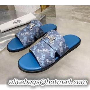 Most Popular Hermes Men's Izmir H Print Calfskin Flat Slide Sandals 022429 Blue