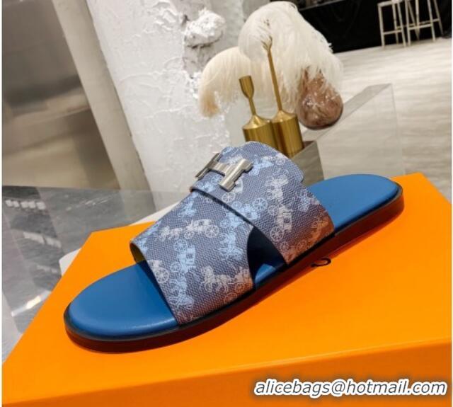 Most Popular Hermes Men's Izmir H Print Calfskin Flat Slide Sandals 022429 Blue