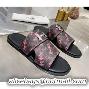 Best Price Hermes Men's Izmir H Print Calfskin Flat Slide Sandals 022429 Black/Pink