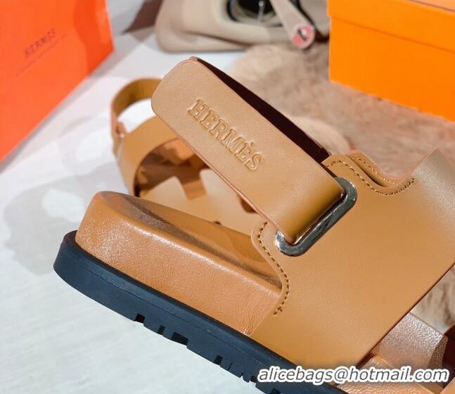 Best Product Hermes Chypre Calfskin Flat Sandals 030874 Brown 2021