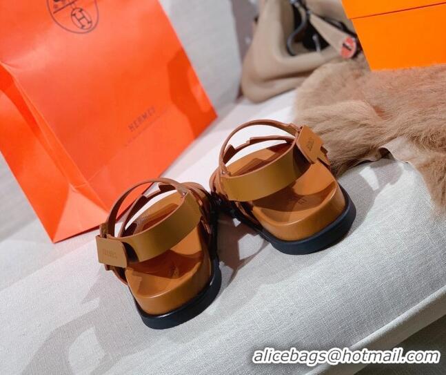 Best Product Hermes Chypre Calfskin Flat Sandals 030874 Brown 2021