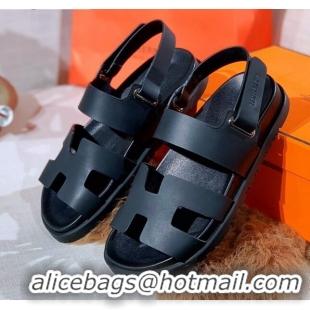 Shop Duplicate Hermes Chypre Calfskin Flat Sandals 030874 Black 2021