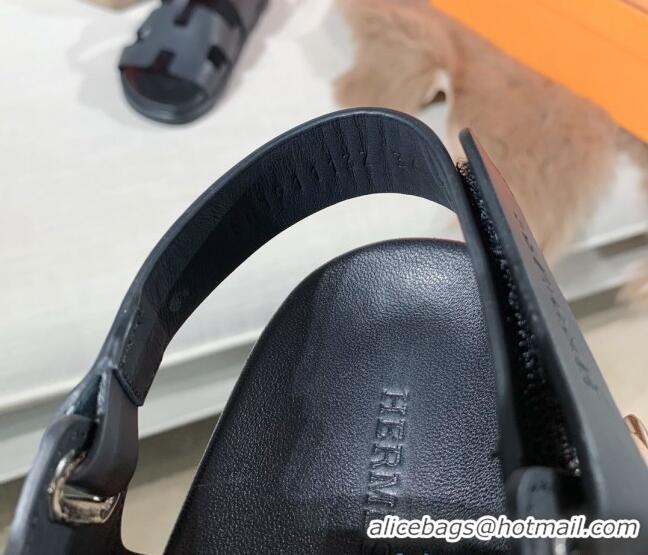 Shop Duplicate Hermes Chypre Calfskin Flat Sandals 030874 Black 2021