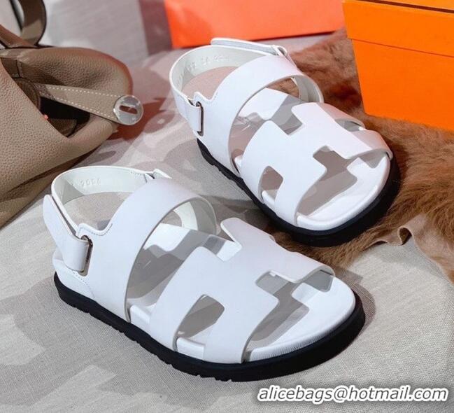 Shop Duplicate Hermes Chypre Calfskin Flat Sandals 030874 White 2021