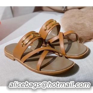 Well Crafted Hermes Claire Cross Strap Flat Sandals 030877 Brown 2021